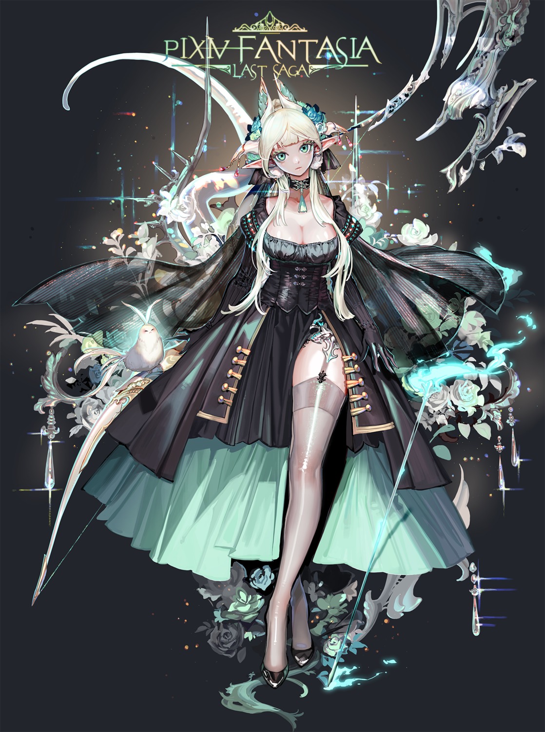 cleavage, dress, horns, kabi_(kb), pixiv_fantasia, pixiv_fantasia_last_saga, pointy_ears, stockings, thighhighs, weapon