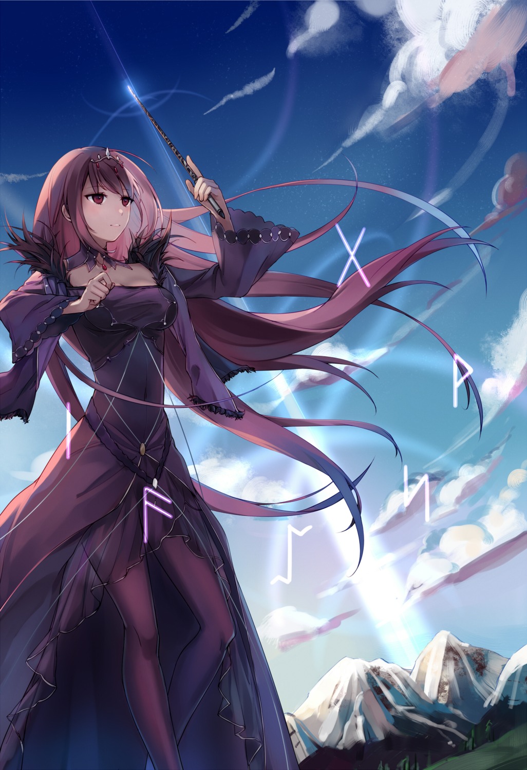 cleavage, dress, fate/grand_order, pantyhose, scathach_skadi, weapon, yorktown_cv-5