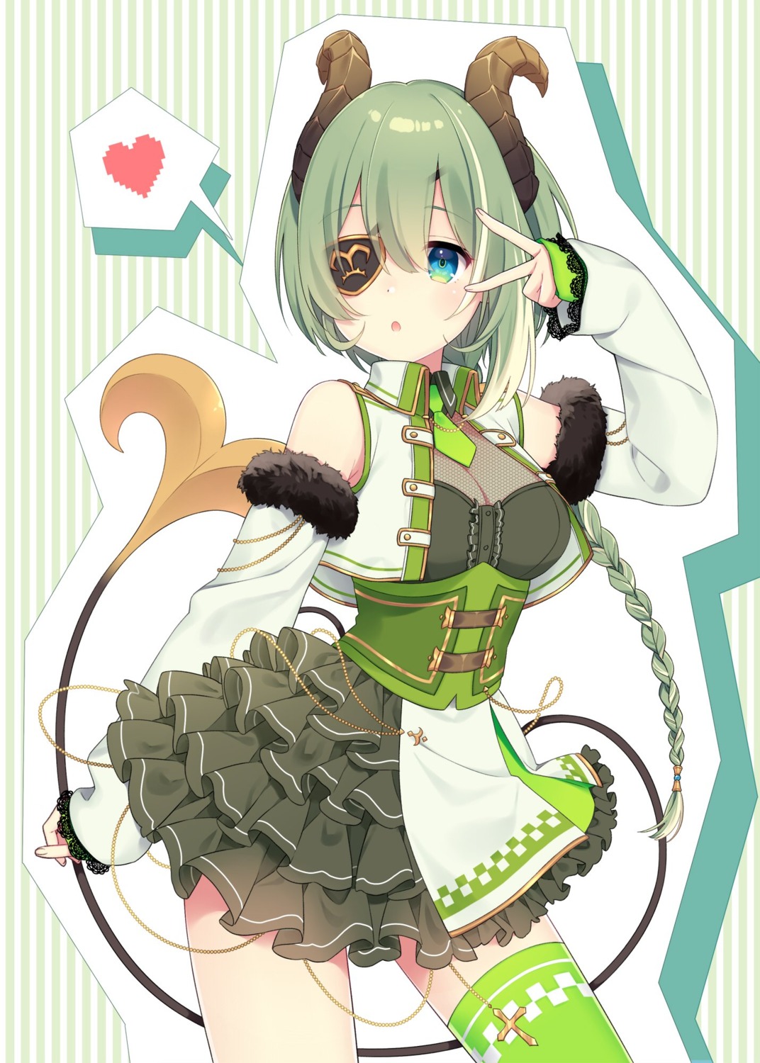 cleavage, dress, eyepatch, fishnets, honey_strap, horns, nagino_shizuku, nanashi_inc.