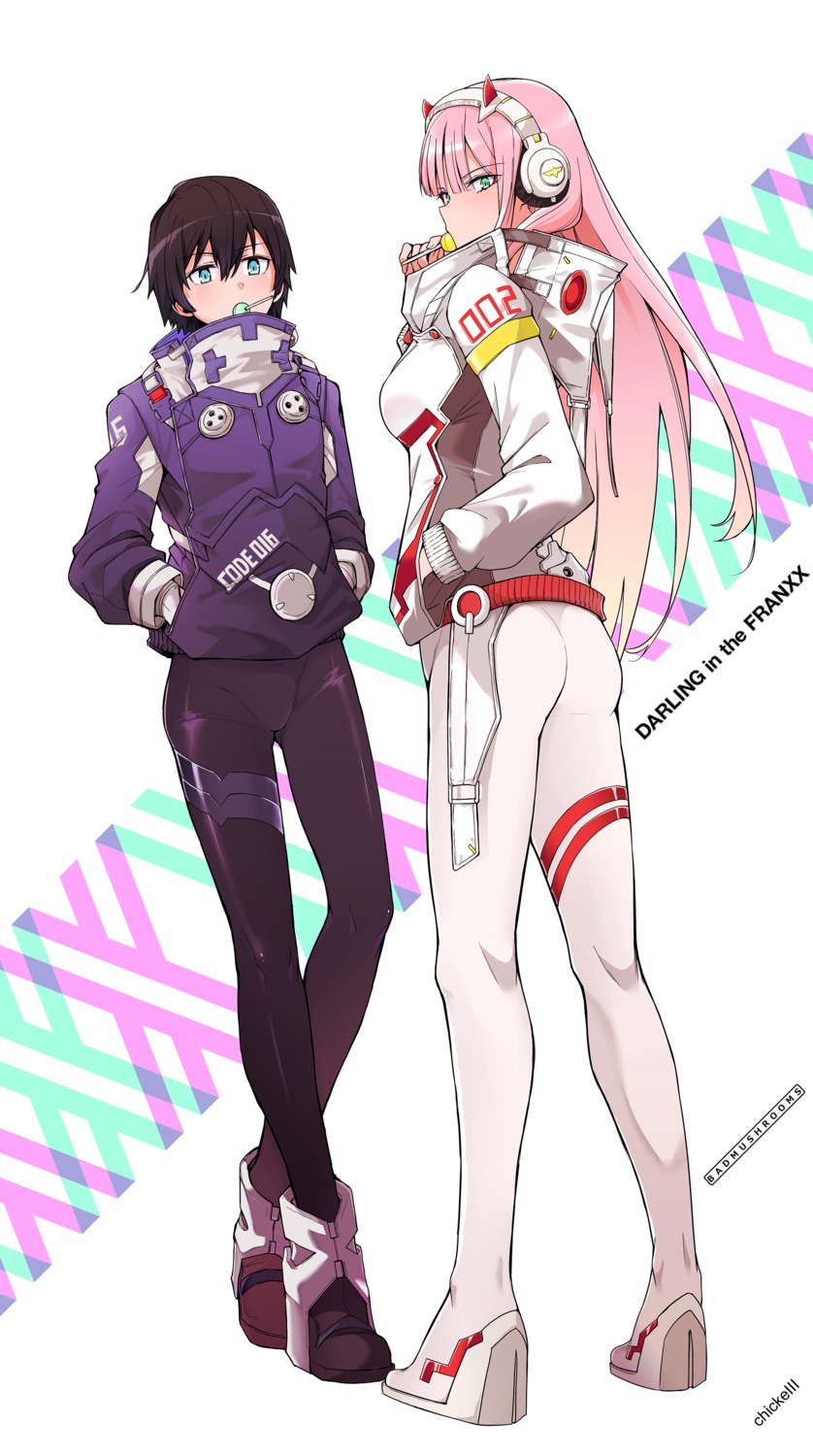 ass, bodysuit, chicke_iii, darling_in_the_franxx, headphones, heels, hiro_(darling_in_the_franxx), horns