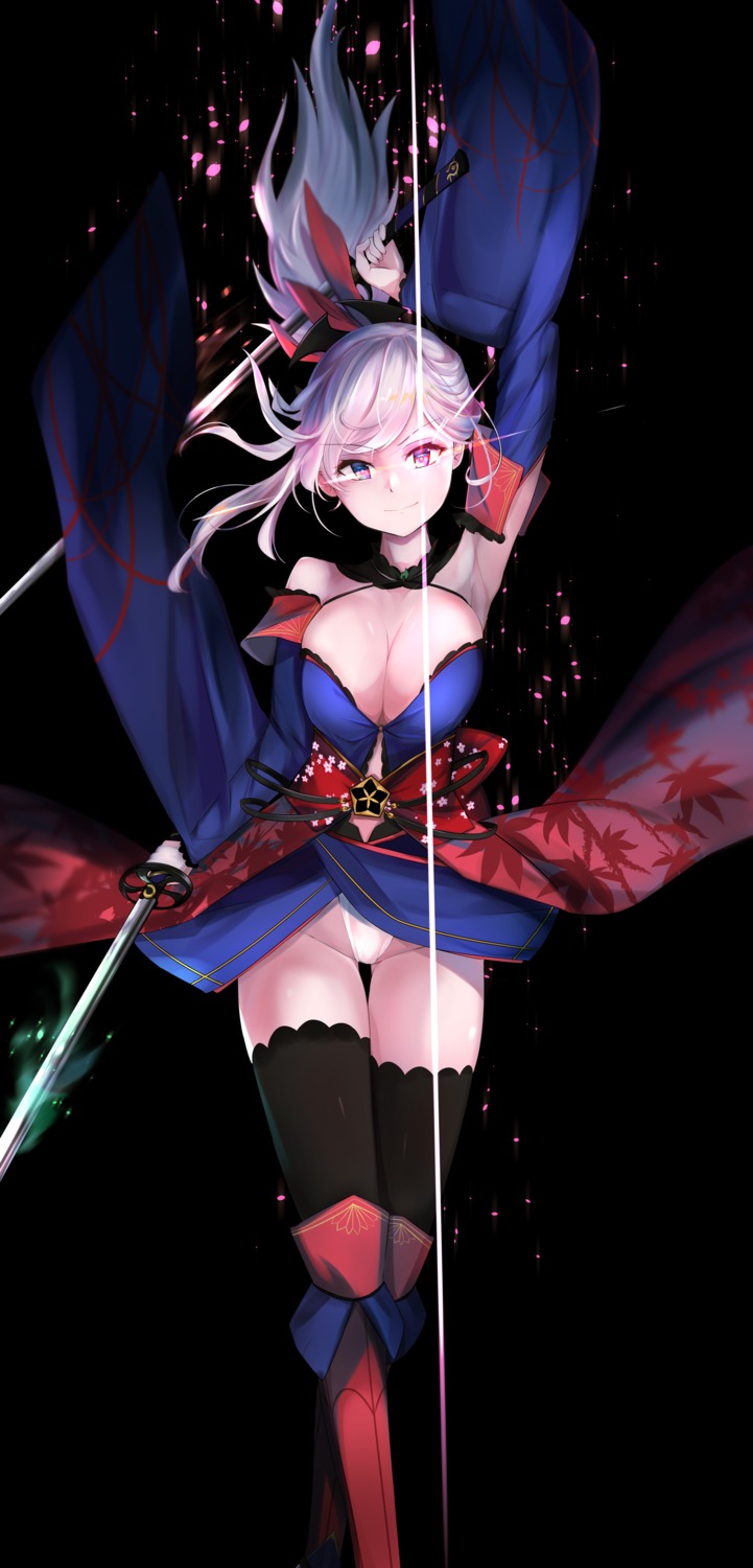 aritsuno, cleavage, fate/grand_order, japanese_clothes, miyamoto_musashi_(fate), no_bra, pantsu, sword