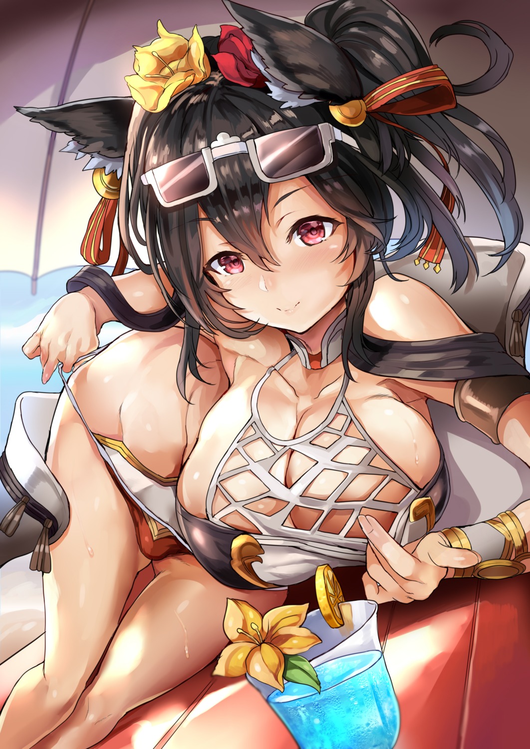 animal_ears, cleavage, granblue_fantasy, himuro, ilsa_(granblue_fantasy), megane, panty_pull, swimsuits