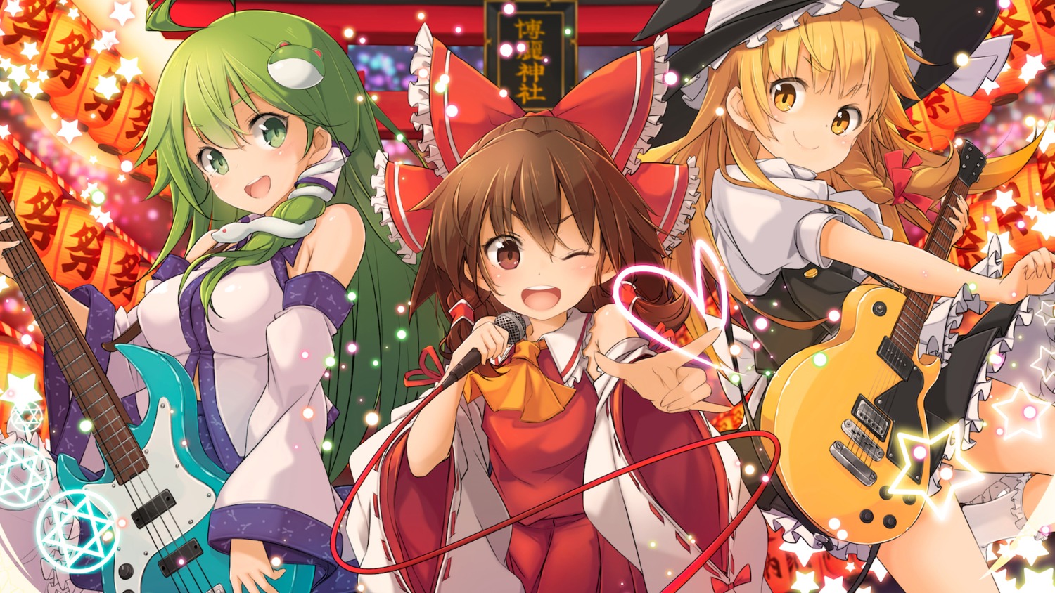 guitar, hakurei_reimu, kirisame_marisa, kochiya_sanae, maru-pen, miko, touhou, witch