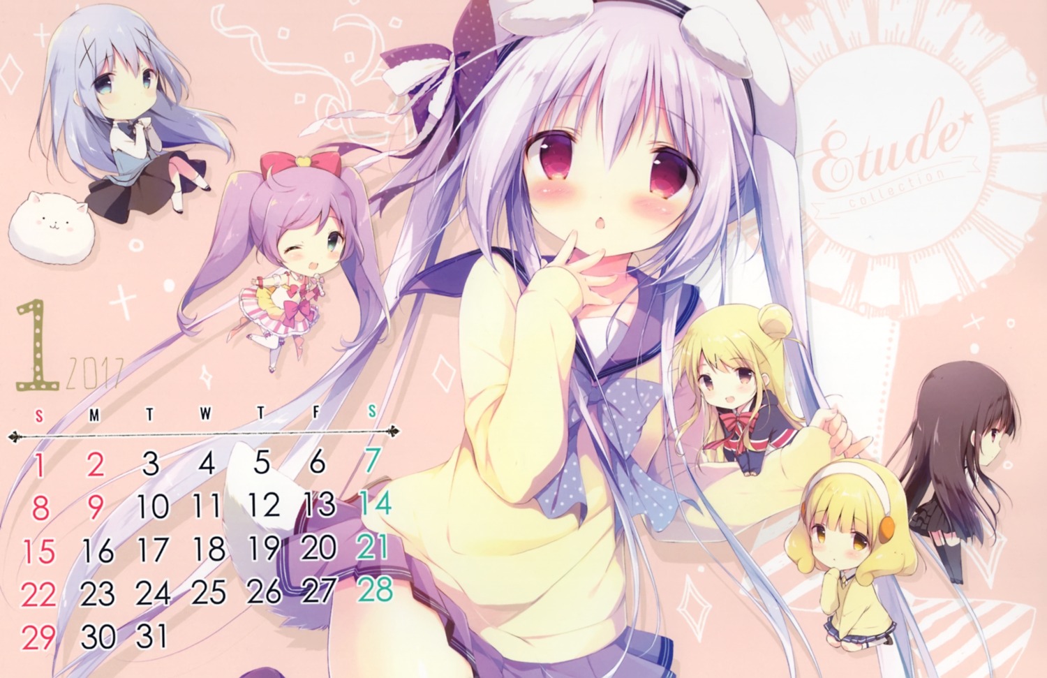 animal_ears, calendar, chibi, crossover, gochuumon_wa_usagi_desu_ka?, inu_x_boku_ss, inumimi, kafuu_chino, kin-iro_mosaic, kise_yayoi, kujou_karen, manaka_lala, precure, pretty_series, pripara, seifuku, shirakiin_ririchiyo, shiratama, shiratamaco, shiroi_inu, skirt_lift, smile_precure!, stockings, sweater, tail, thighhighs, tippy_(gochiusa), uniform, waitress