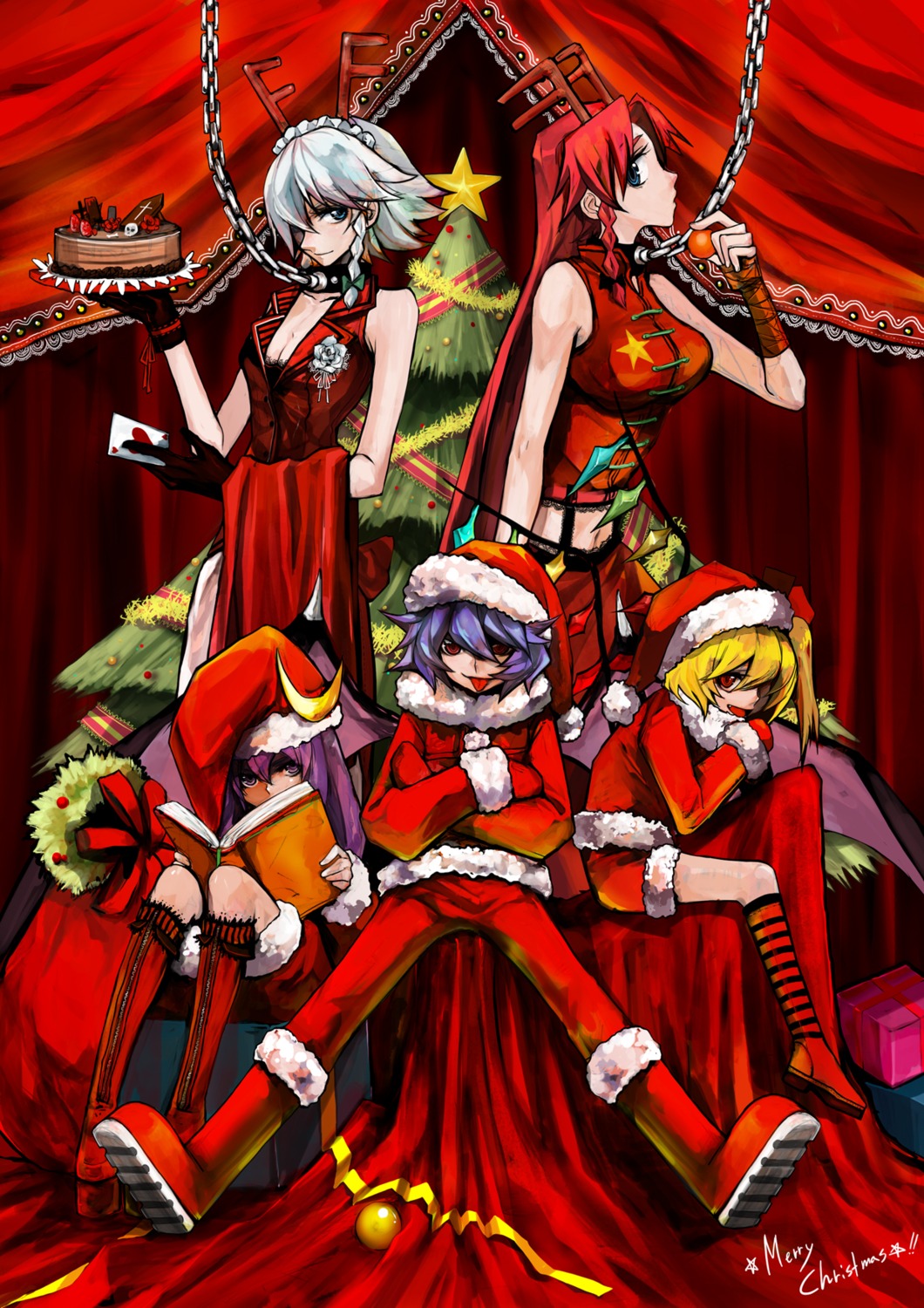 christmas, flandre_scarlet, hong_meiling, izayoi_sakuya, patchouli_knowledge, remilia_scarlet, tima, touhou