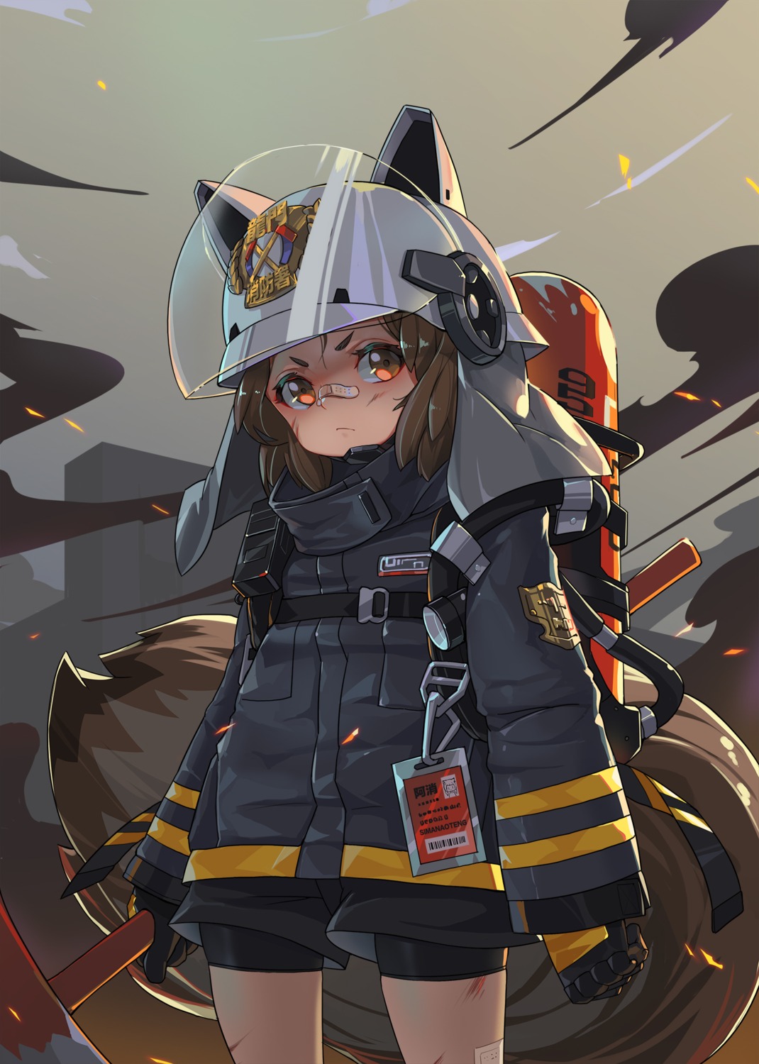 animal_ears, arknights, bandaid, bike_shorts, shaw_(arknights), sima_naoteng, tail, weapon