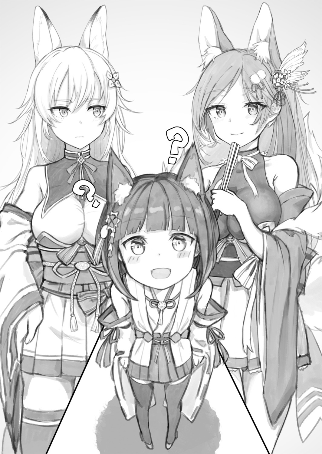 animal_ears, azur_lane, azur_lane_laffey_to_hajimeru_shikikan_seikatsu, breast_hold, japanese_clothes, jintsuu_(azur_lane), kitsune, monochrome