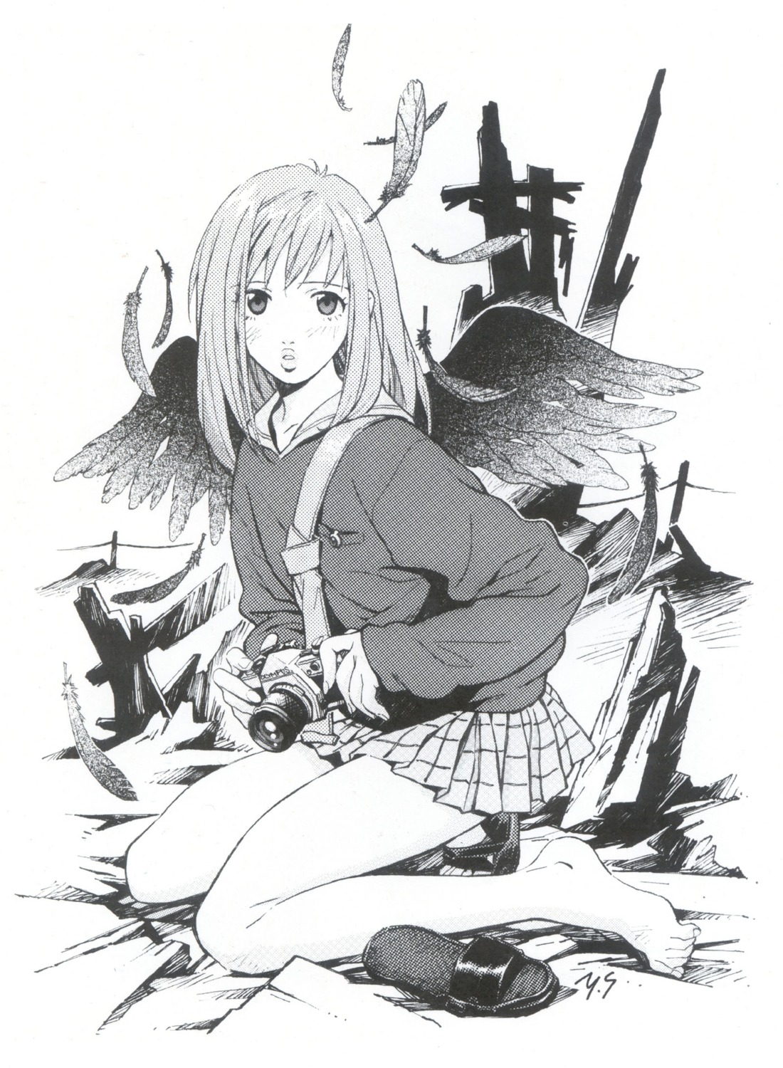 flcl, monochrome, samejima_mamimi, wings