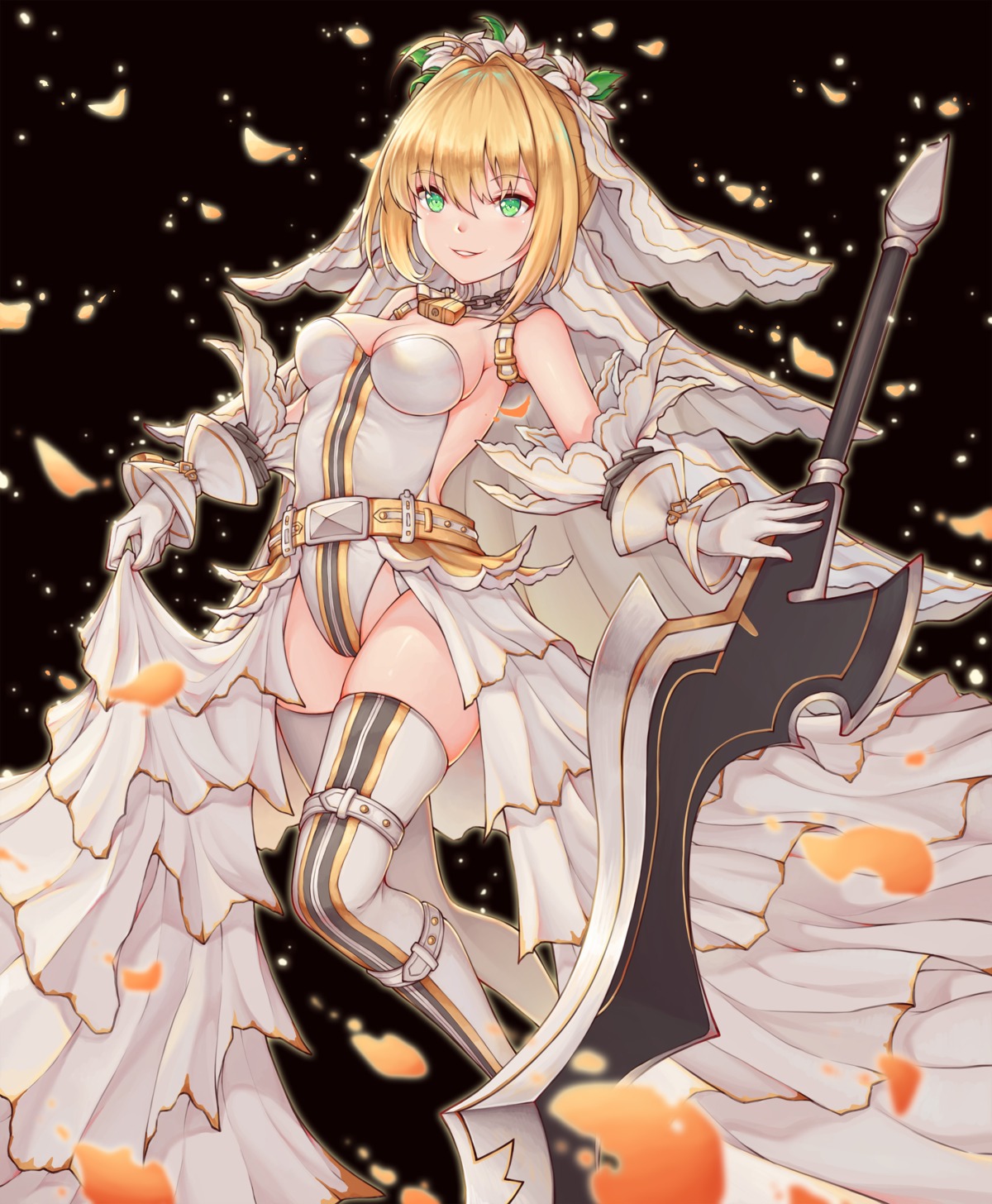 cleavage, fate/extra, fate/grand_order, fate/stay_night, garter, leotard, nero_claudius_(fate), qaq, sword, thighhighs