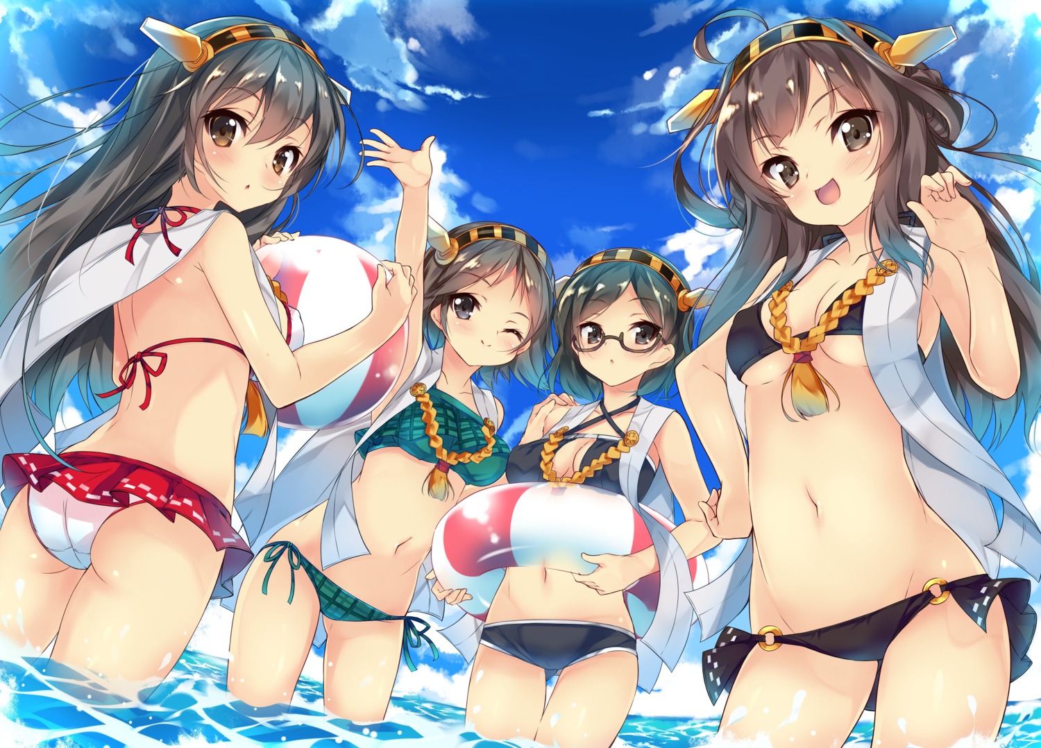 ass, bikini, cleavage, haruna_(kancolle), hiei_(kancolle), kantai_collection, kirishima_(kancolle), kongou_(kancolle)