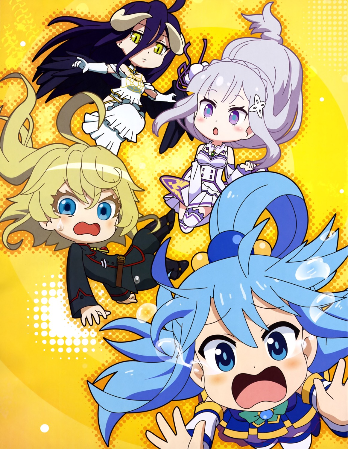albedo_(overlord), aqua_(konosuba), chibi, crossover, emilia_(re_zero), horns, isekai_quartet, kono_subarashii_sekai_ni_shukufuku_wo!