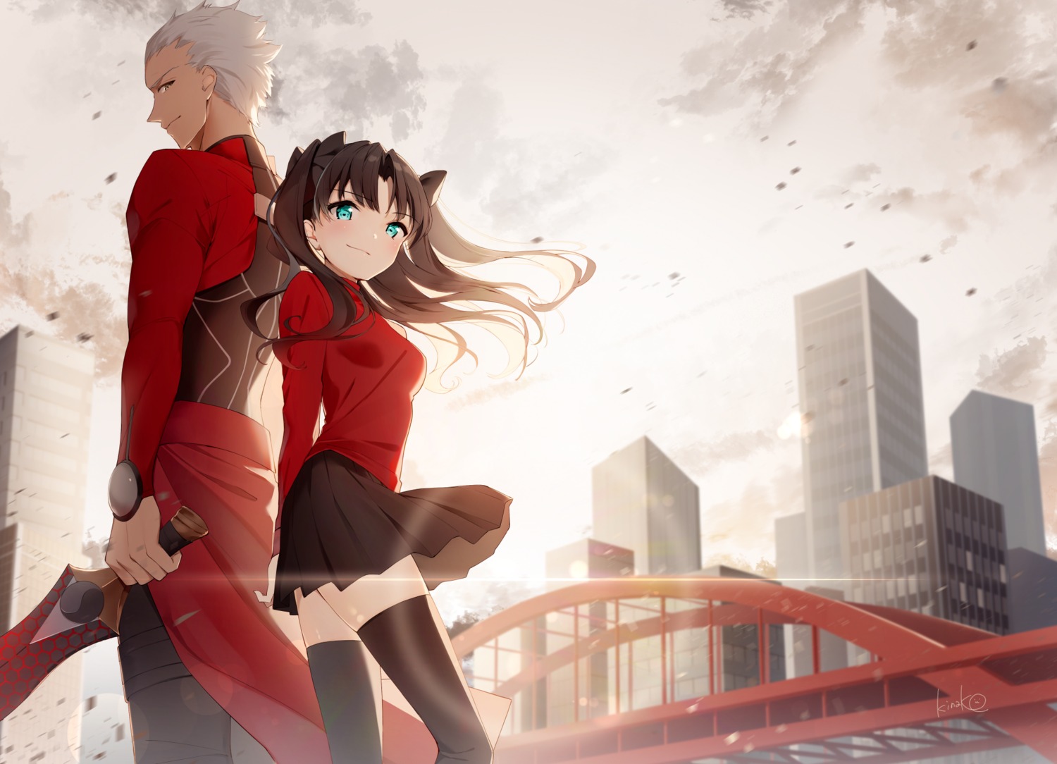 archer, fate/stay_night, kinako_(shiratama_mochi), landscape, skirt_lift, sword, thighhighs, toosaka_rin