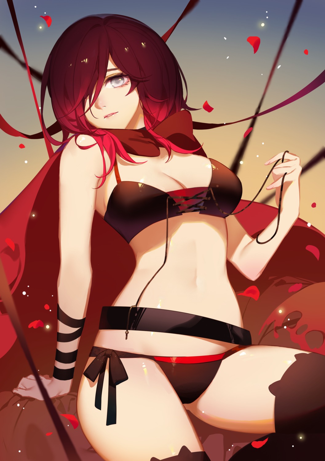 bra, cleavage, pantsu, ruby_rose, rwby, songjikyo, string_panties, thighhighs