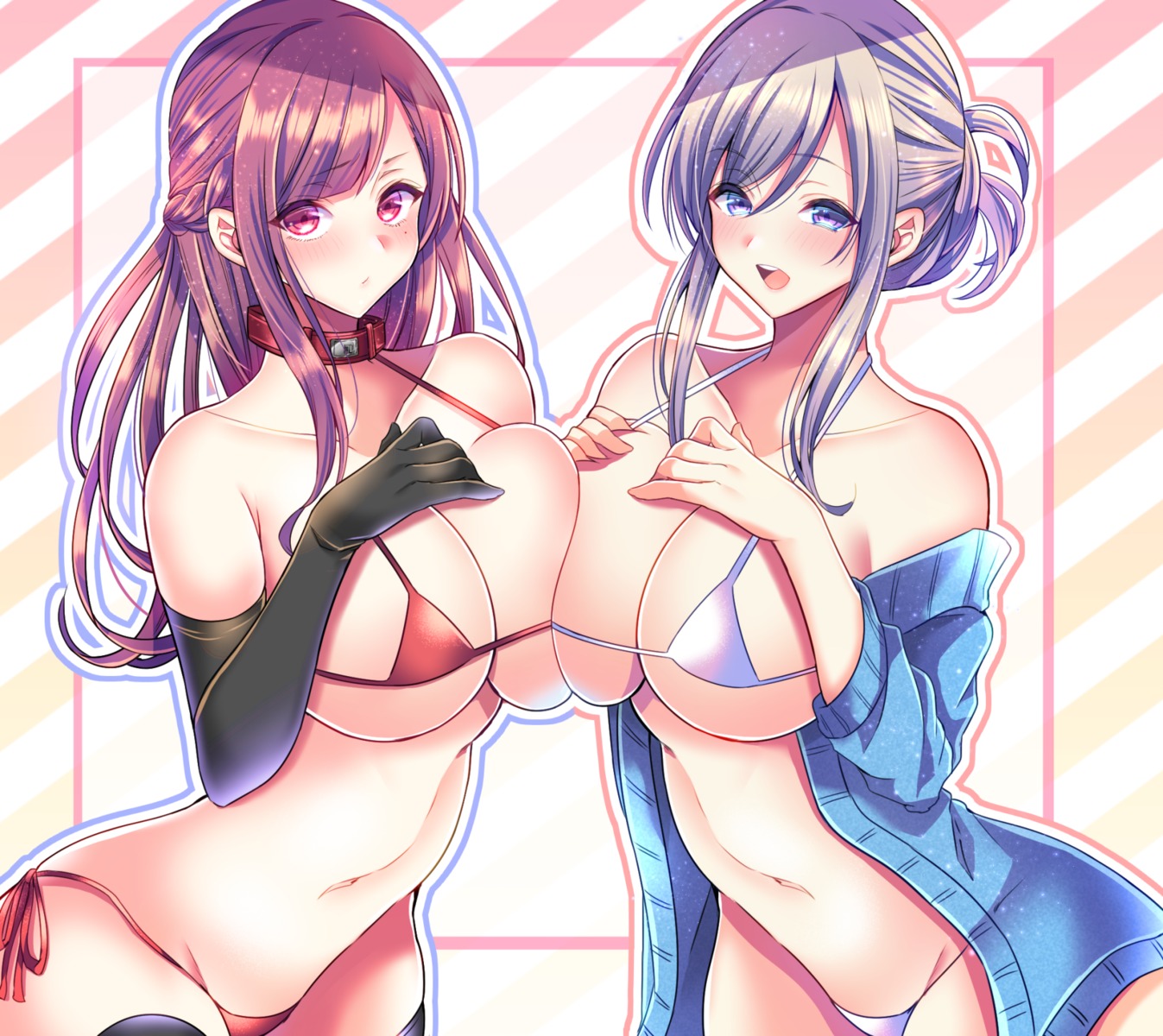 aizawa_chihiro, bikini, breast_hold, cleavage, open_shirt, sweater, swimsuits, thighhighs