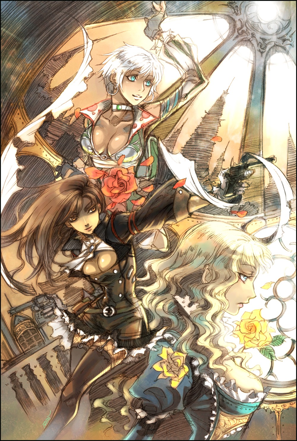cleavage, elementalist_(granado_espada), fighter_(granado_espada), fishnets, granado_espada, gun, lolita_fashion, scout_(granado_espada)
