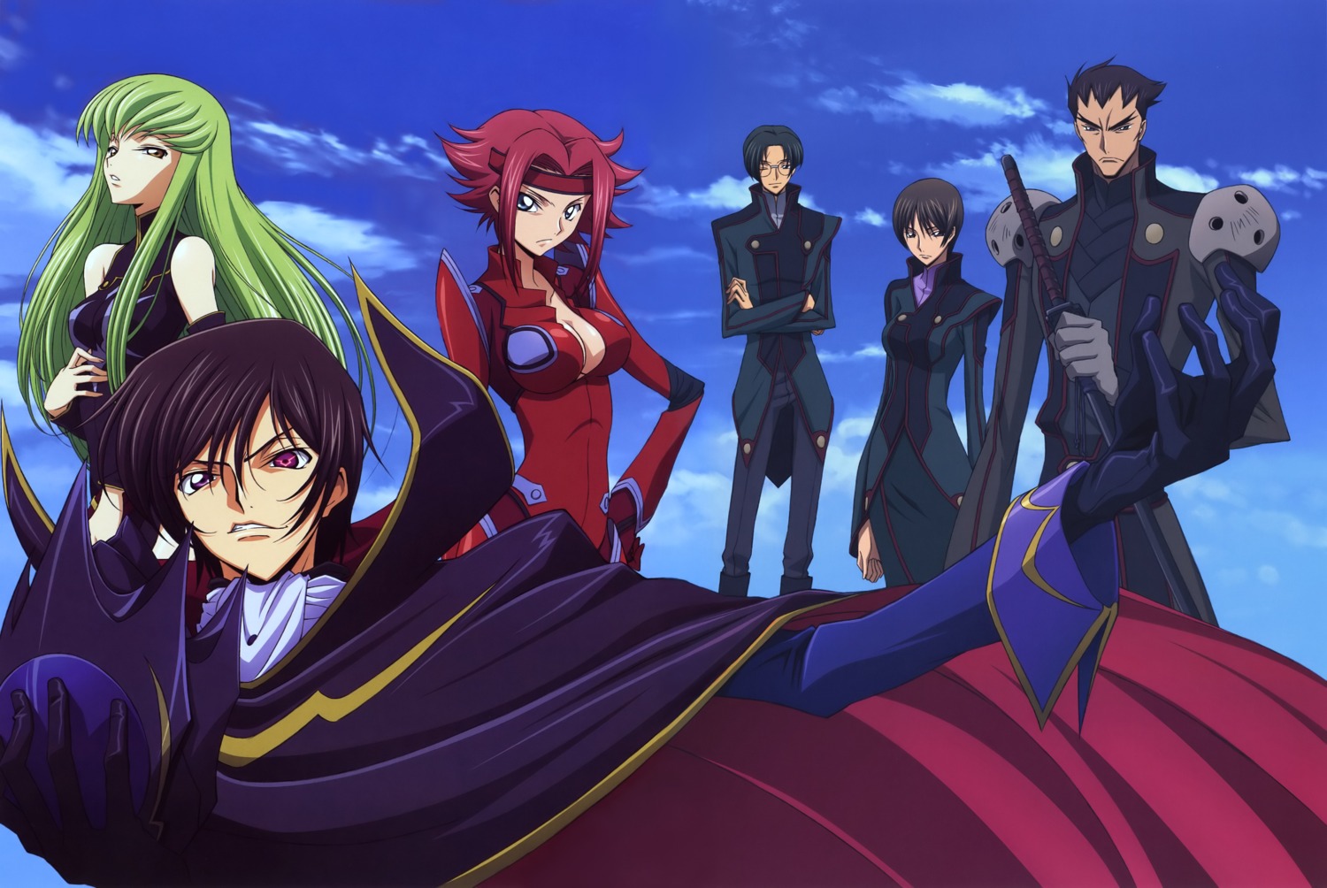 asahina_shougo, bodysuit, c.c., cleavage, code_geass, kadekaru_chikashi, kallen_stadtfeld, lelouch_lamperouge, nagisa_chiba, sword, toudou_kyoushirou