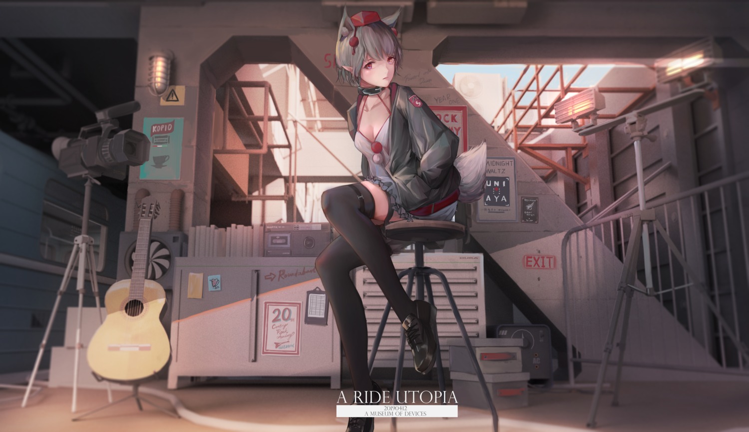 animal_ears, cleavage, garter, guitar, inubashiri_momiji, marcowwine, pointy_ears, tail