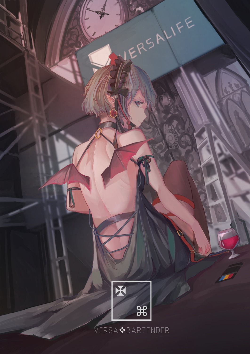 dress, marcowwine, no_bra, pointy_ears, remilia_scarlet, thighhighs, touhou, wings