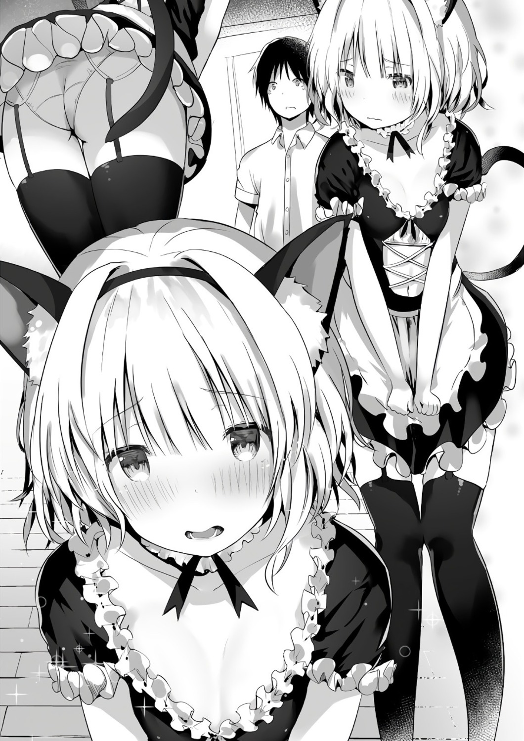 animal_ears, ass, cleavage, kawaikereba_hentai_demo_suki_ni_natte_kuremasu_ka?, kiryuu_keiki, koga_yuika, maid, monochrome