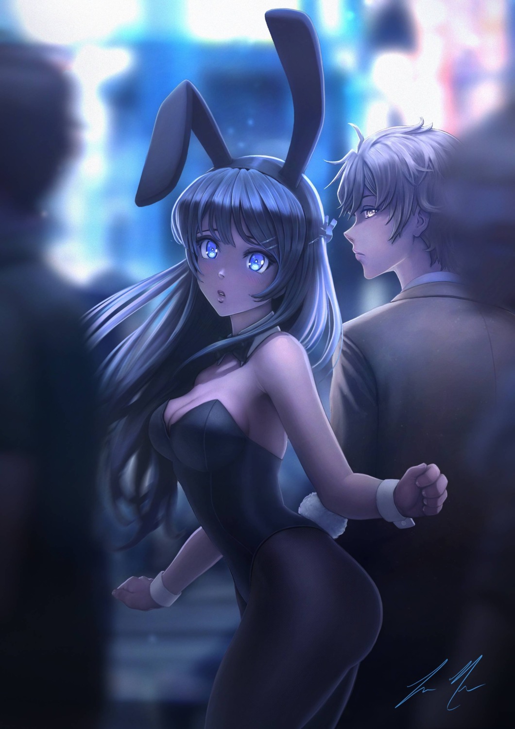 animal_ears, azusagawa_sakuta, bunny_ears, bunny_girl, cleavage, manip, pantyhose, sakurajima_mai, seishun_buta_yarou, tail