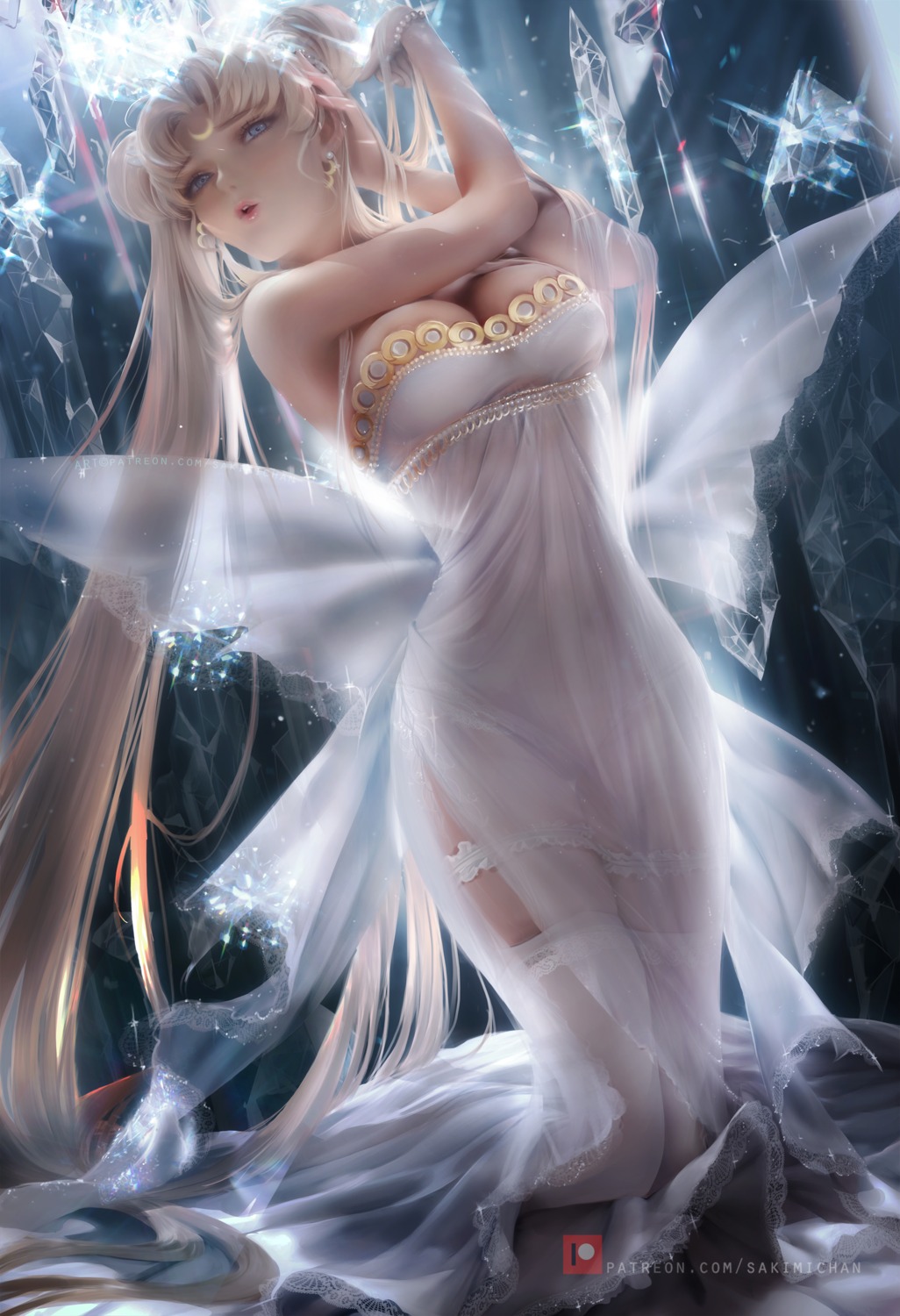 bishoujo_senshi_sailor_moon, cleavage, dress, garter, princess_serenity, sakimichan, see_through, stockings, thighhighs, wings