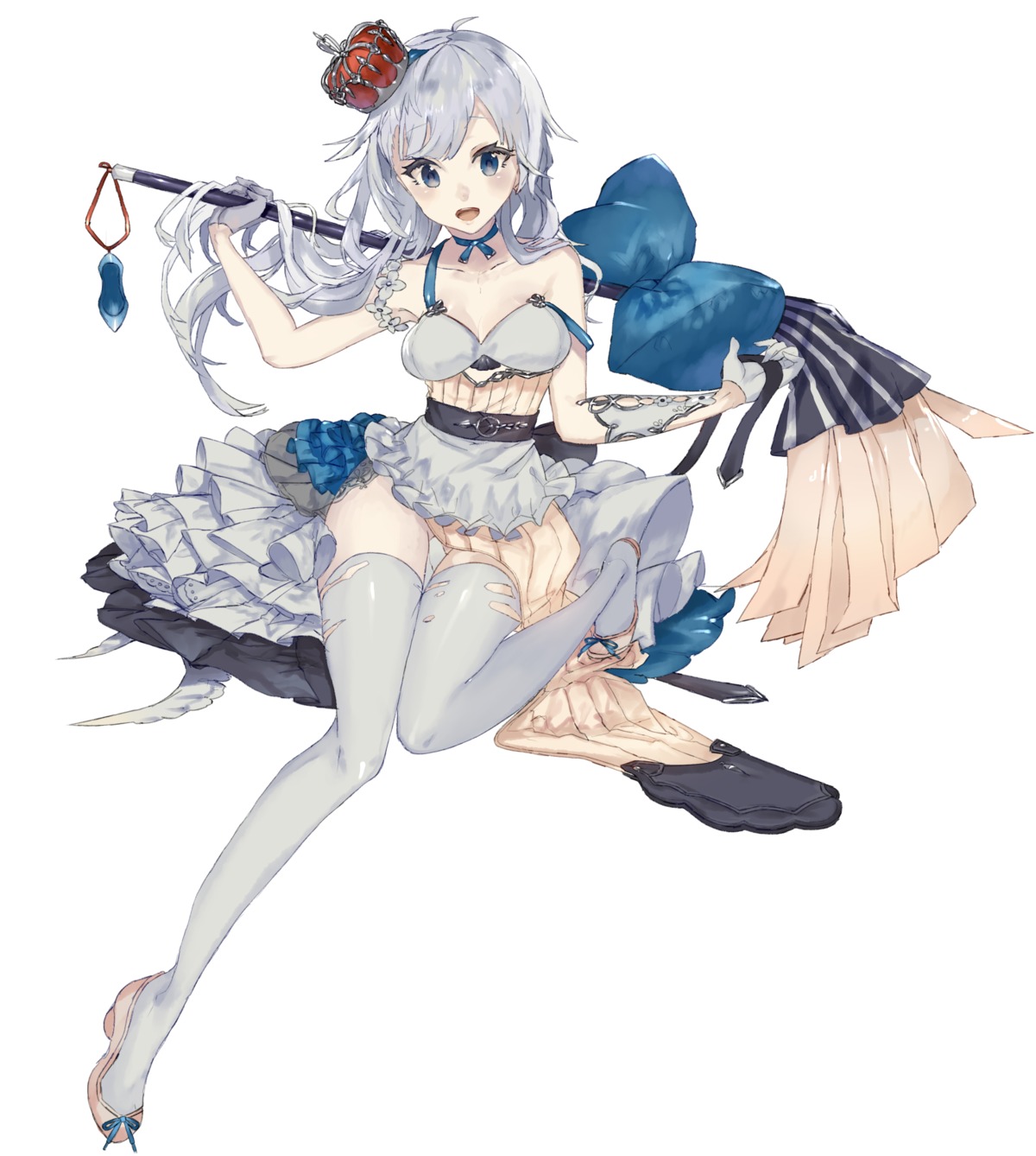 cleavage, dress, heels, ori_(momonimo), thighhighs, torn_clothes, weapon
