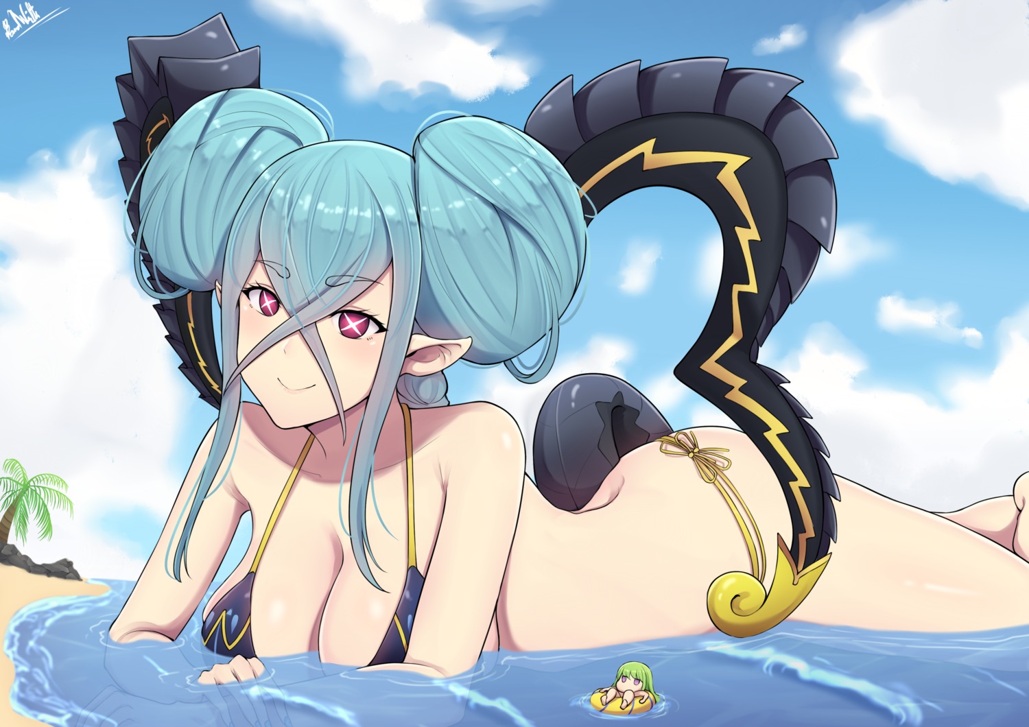 band-width, bikini, chibi, fate/grand_order, horns, pointy_ears, swimsuits, tail