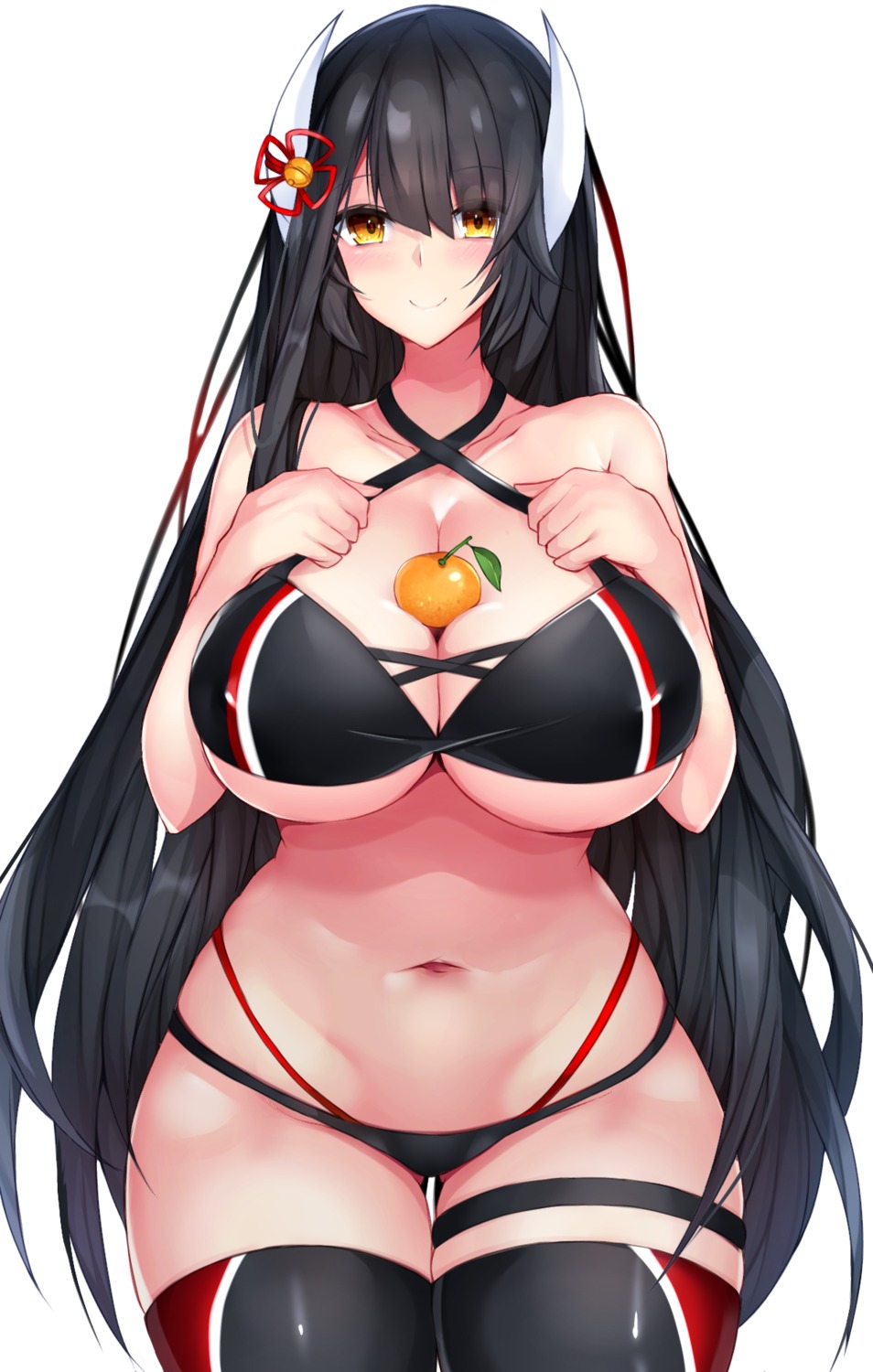 azur_lane, bikini, cleavage, garter, hiei_(azur_lane), horns, monotosu, swimsuits, thighhighs, underboob