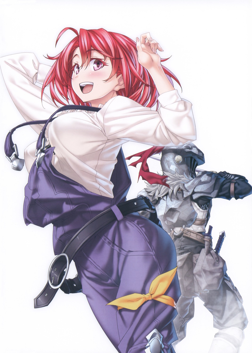 armor, cow_girl, goblin_slayer, goblin_slayer_(character), kannatsuki_noboru, overalls, sword