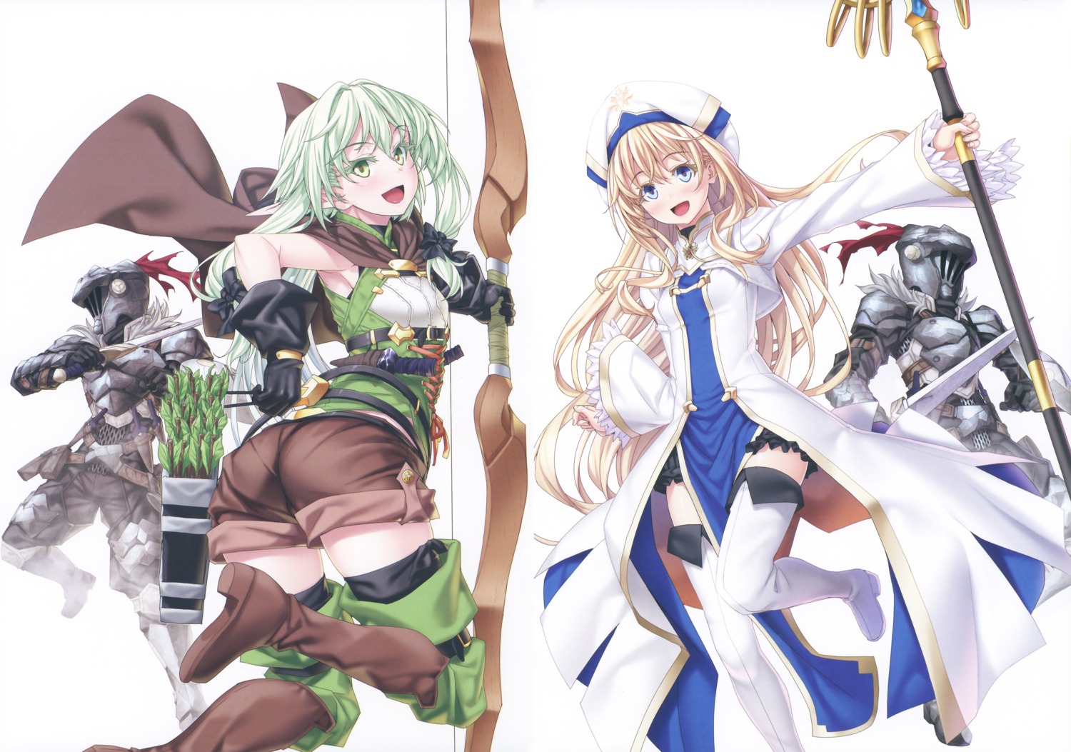 armor, ass, elf, goblin_slayer, goblin_slayer_(character), heels, high_elf_archer, kannatsuki_noboru, pointy_ears, priestess, sword, thighhighs, weapon