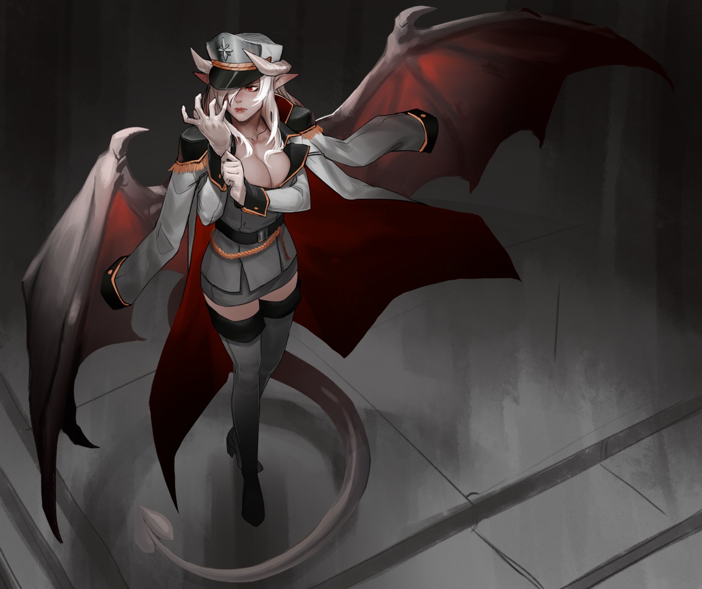 cleavage, heels, horns, less, monster_girl, monster_girl_encyclopedia, pointy_ears, tail, thighhighs, uniform, wings
