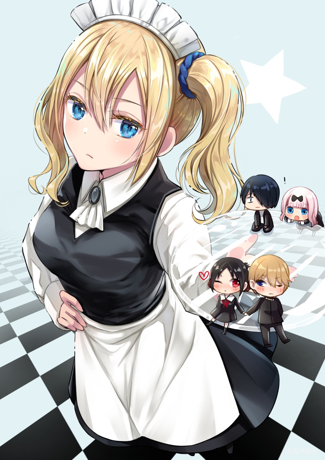 akasaka_asa, chibi, fujiwara_chika, hayasaka_ai, ishigami_yuu, kaguya-sama_wa_kokurasetai_~tensai-tachi_no_renai_zunousen~, maid, seifuku