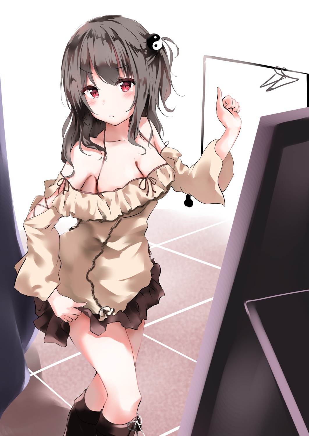 cleavage, hakurei_reimu, kuromiko_shoujo, skirt_lift, touhou