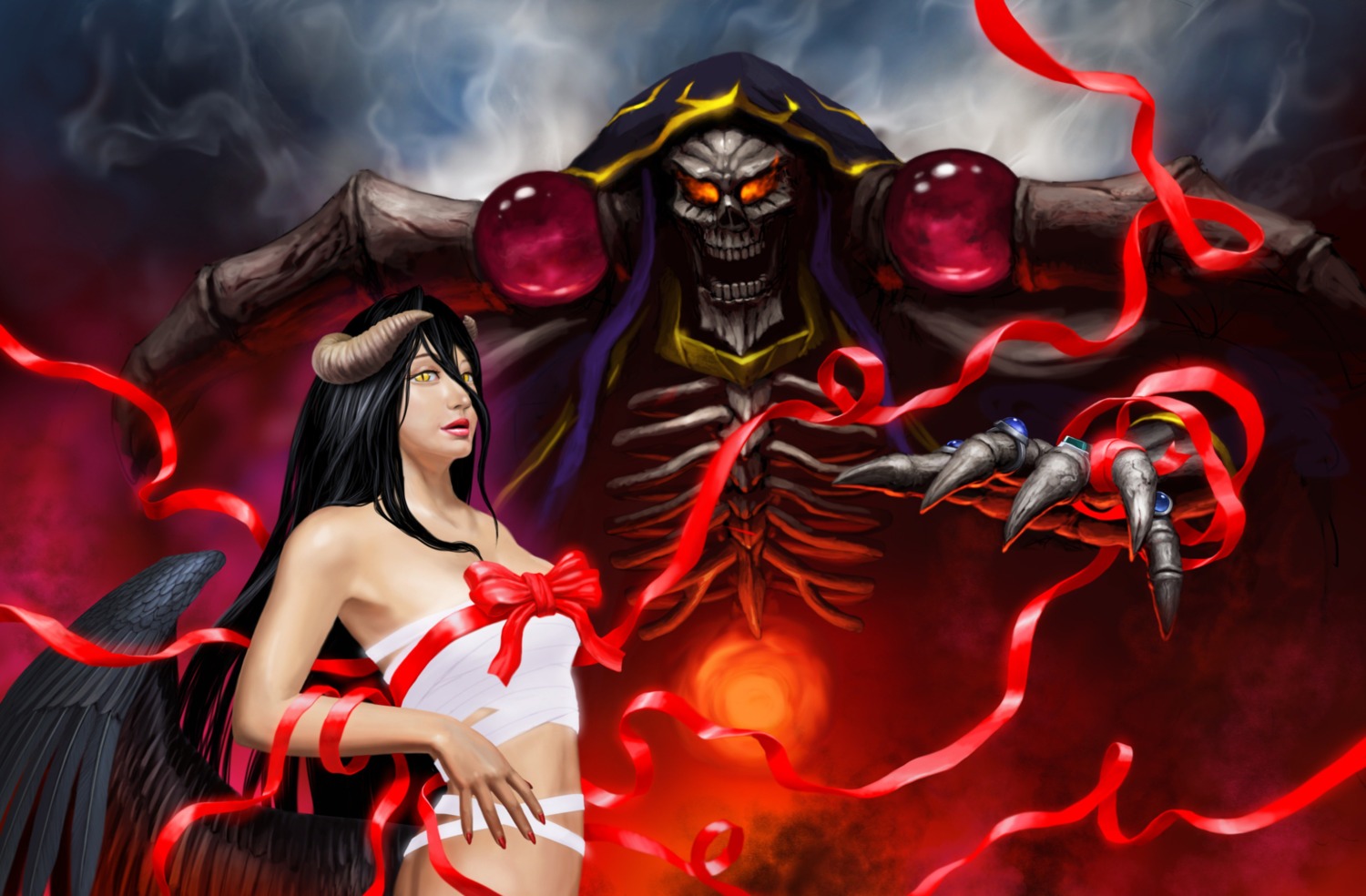 ainz_ooal_gown, albedo_(overlord), endcard, horns, kaida_yuuji, overlord, sarashi, wings