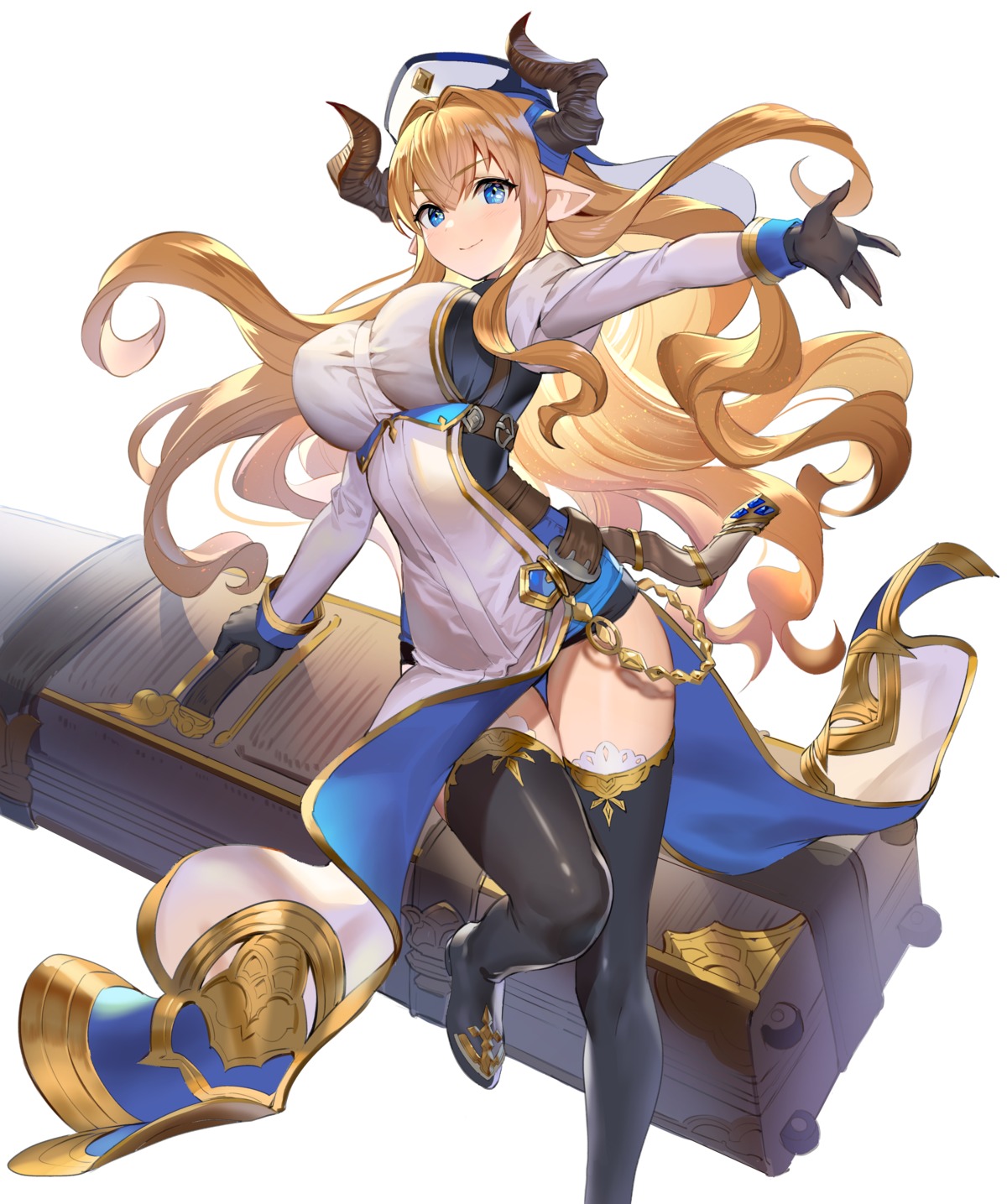granblue_fantasy, heels, horns, nun, pointy_ears, razia, skirt_lift, teffish, thighhighs