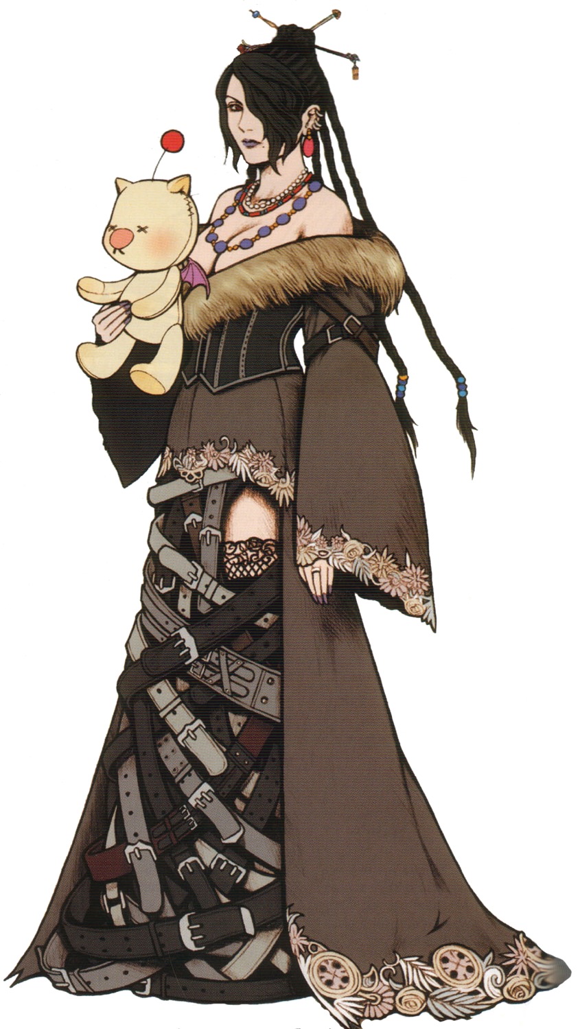 cleavage, dress, final_fantasy, final_fantasy_x, fishnets, lulu, moogle, nomura_tetsuya, square_enix, thighhighs