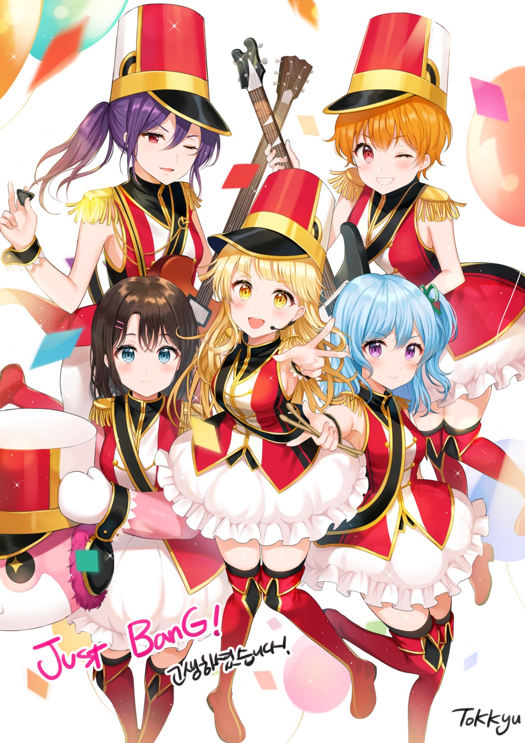 bang_dream!, guitar, heels, kitazawa_hagumi, matsubara_kanon, okusawa_misaki, seta_kaoru, thighhighs, tokkyu, tsurumaki_kokoro, uniform