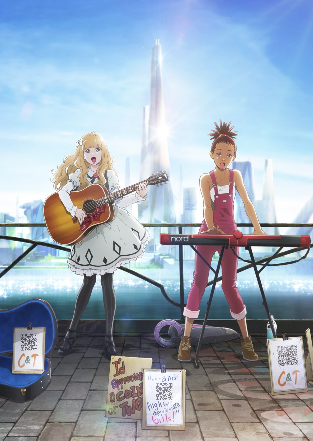 carole_&_tuesday, carole_stanley, dress, eisaku_kubonouchi, guitar, heels, overalls, pantyhose, tuesday_simmons
