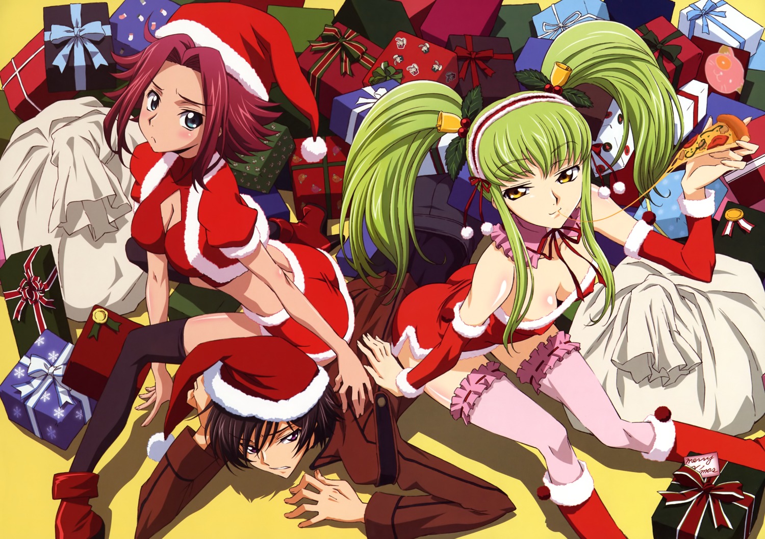c.c., christmas, cleavage, code_geass, kadekaru_chikashi, kallen_stadtfeld, lelouch_lamperouge, thighhighs