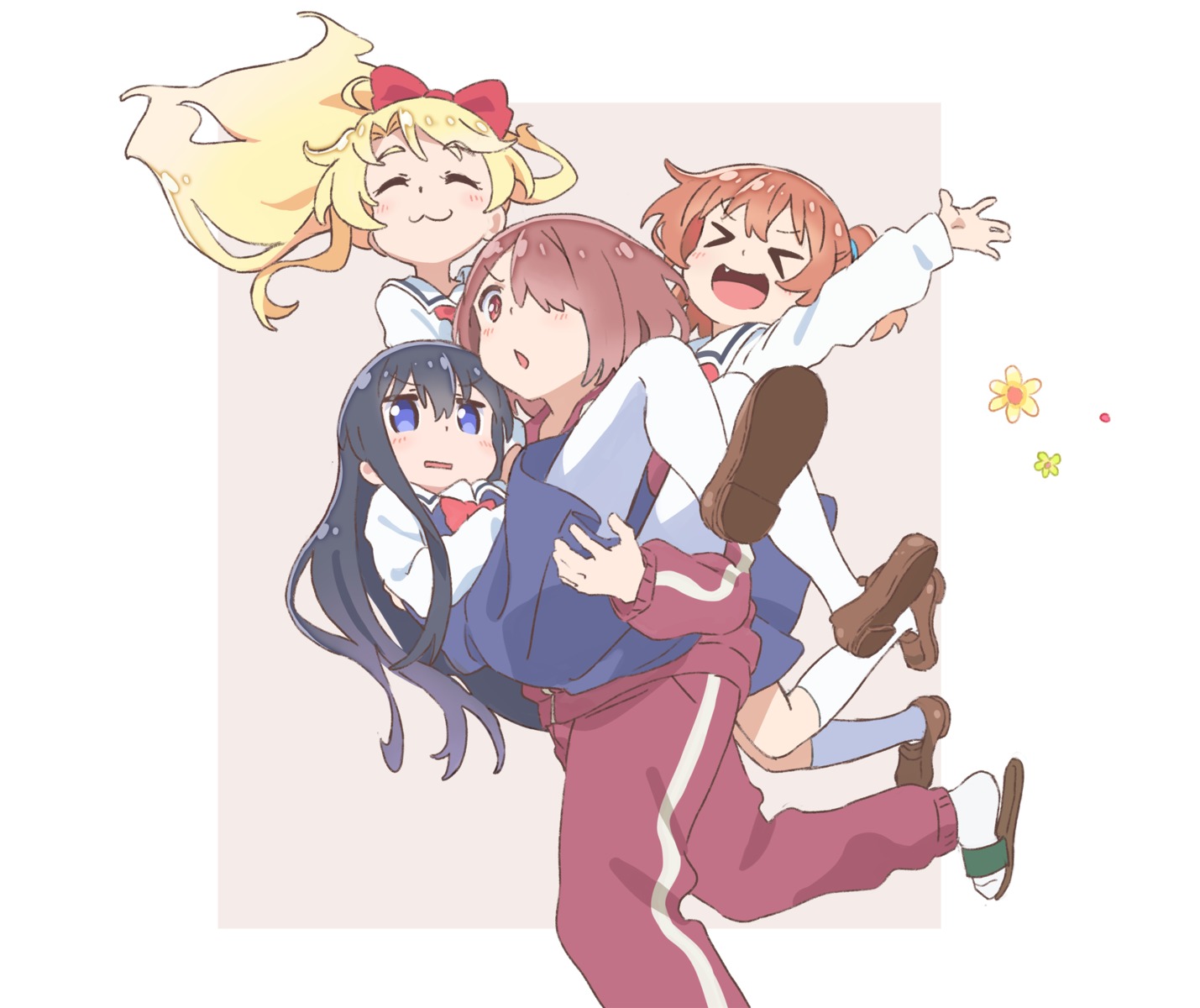 gym_uniform, himesaka_noa, hoshino_hinata, hoshino_miyako_(wataten), pantyhose, seifuku, shirosaki_hana, skirt_lift, tomato_(lsj44867), watashi_ni_tenshi_ga_maiorita!