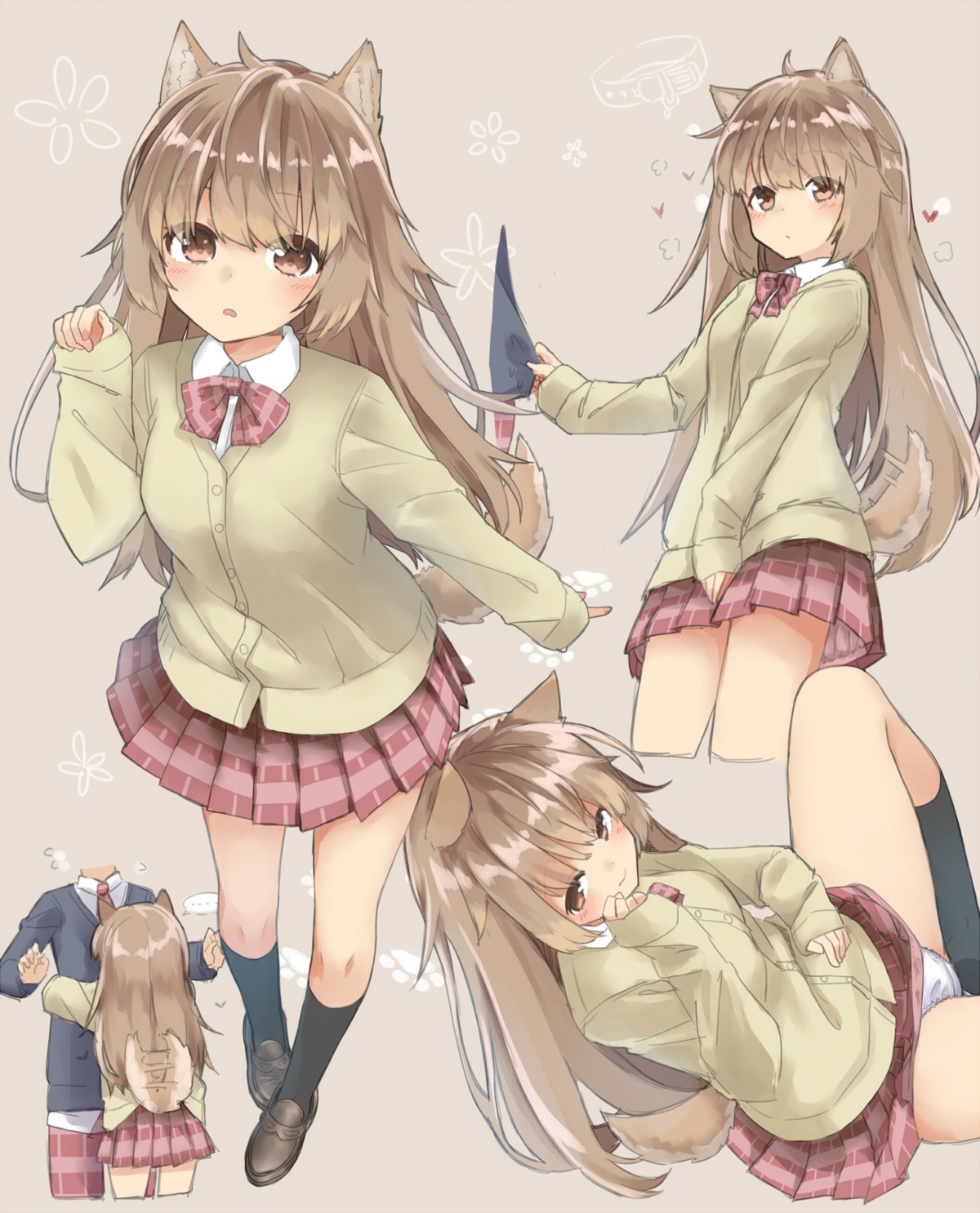 animal_ears, inumimi, pantsu, seifuku, sekira_ame, skirt_lift, sweater, tail