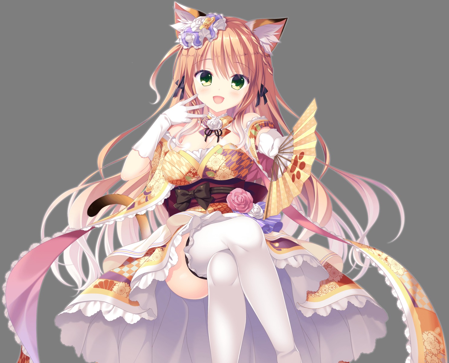 animal_ears, cleavage, japanese_clothes, neko-nin_exheart, neko-nin_exheart_3, nekomimi, saiga_himari, tail