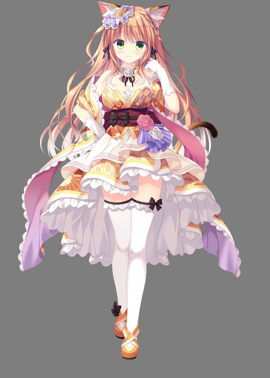 animal_ears, cleavage, japanese_clothes, neko-nin_exheart, neko-nin_exheart_3, nekomimi, saiga_himari, tail, takano_yuki, thighhighs, transparent_png, whirlpool