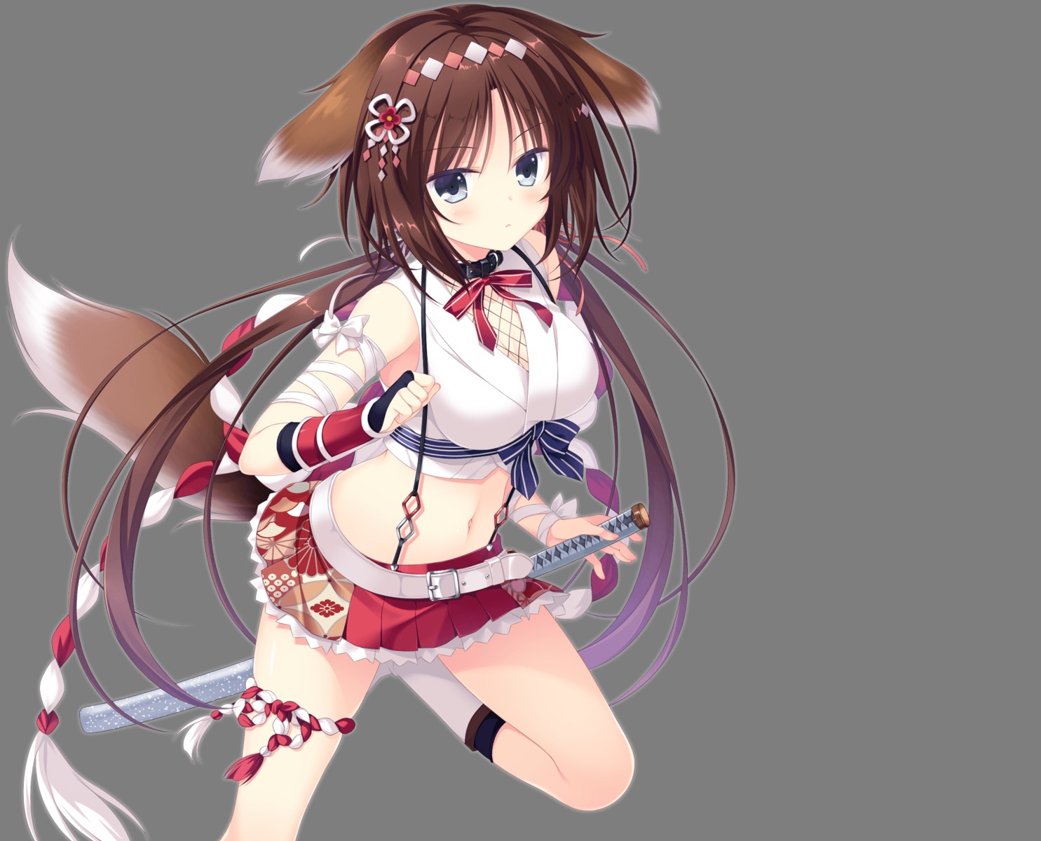 animal_ears, cleavage, inumimi, japanese_clothes, neko-nin_exheart, neko-nin_exheart_3, nekozuka_shino, sword