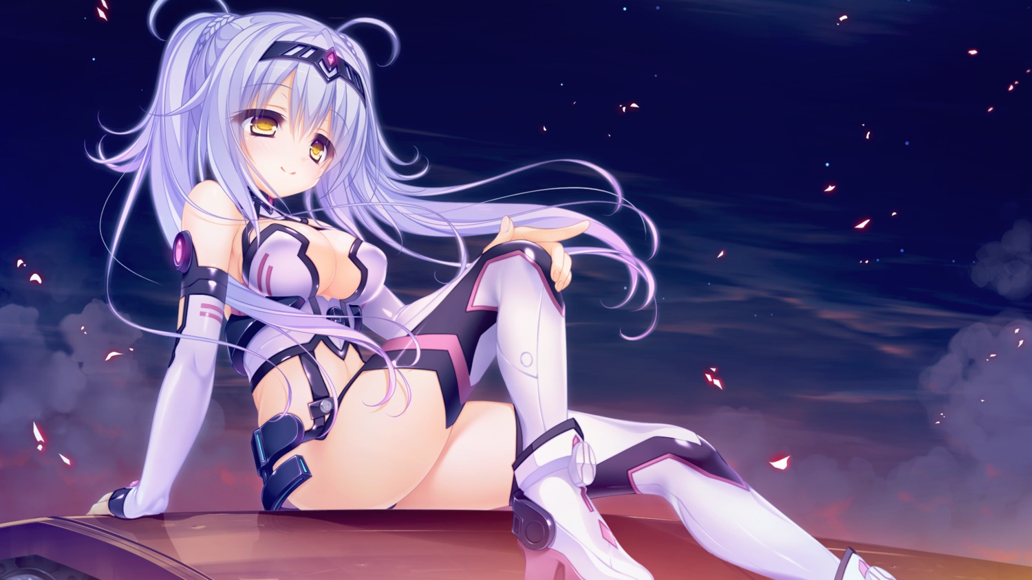 cleavage, game_cg, heels, kururu_(world_election), mikagami_mamizu, no_bra, stockings, thighhighs