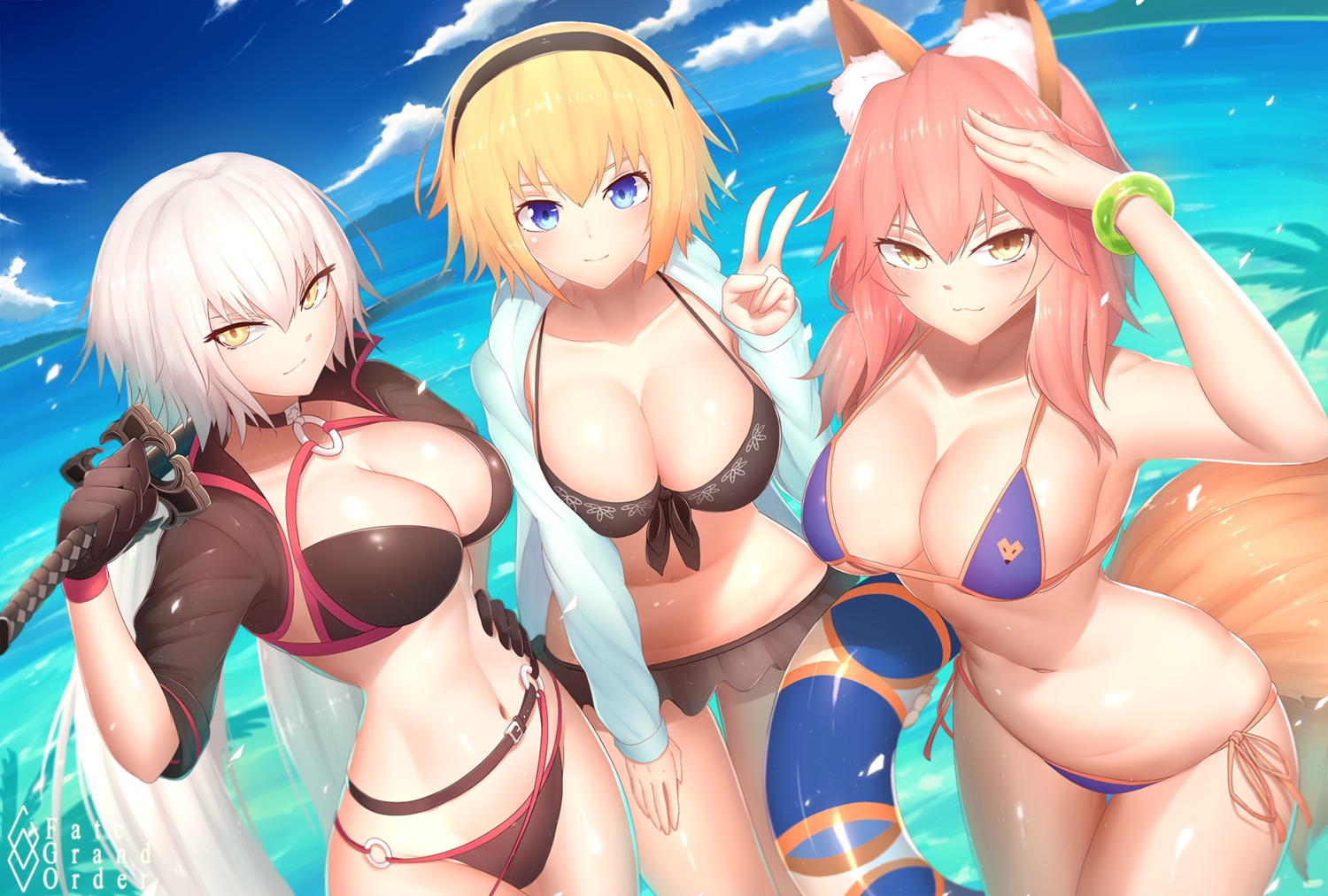 animal_ears, bikini, bu_li, cleavage, fate/grand_order, jeanne_d'arc, jeanne_d'arc_(fate), jeanne_d'arc_alter_(fate), open_shirt, swimsuits, sword, tail, tamamo_no_mae