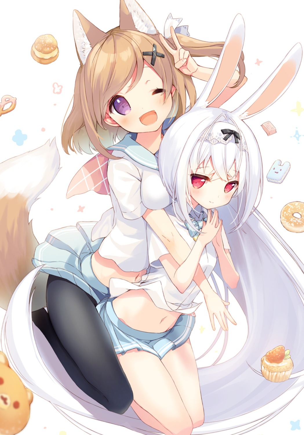 animal_ears, bunny_ears, cynthia_riddle, kitsune, p19, pantyhose, seifuku, skirt_lift