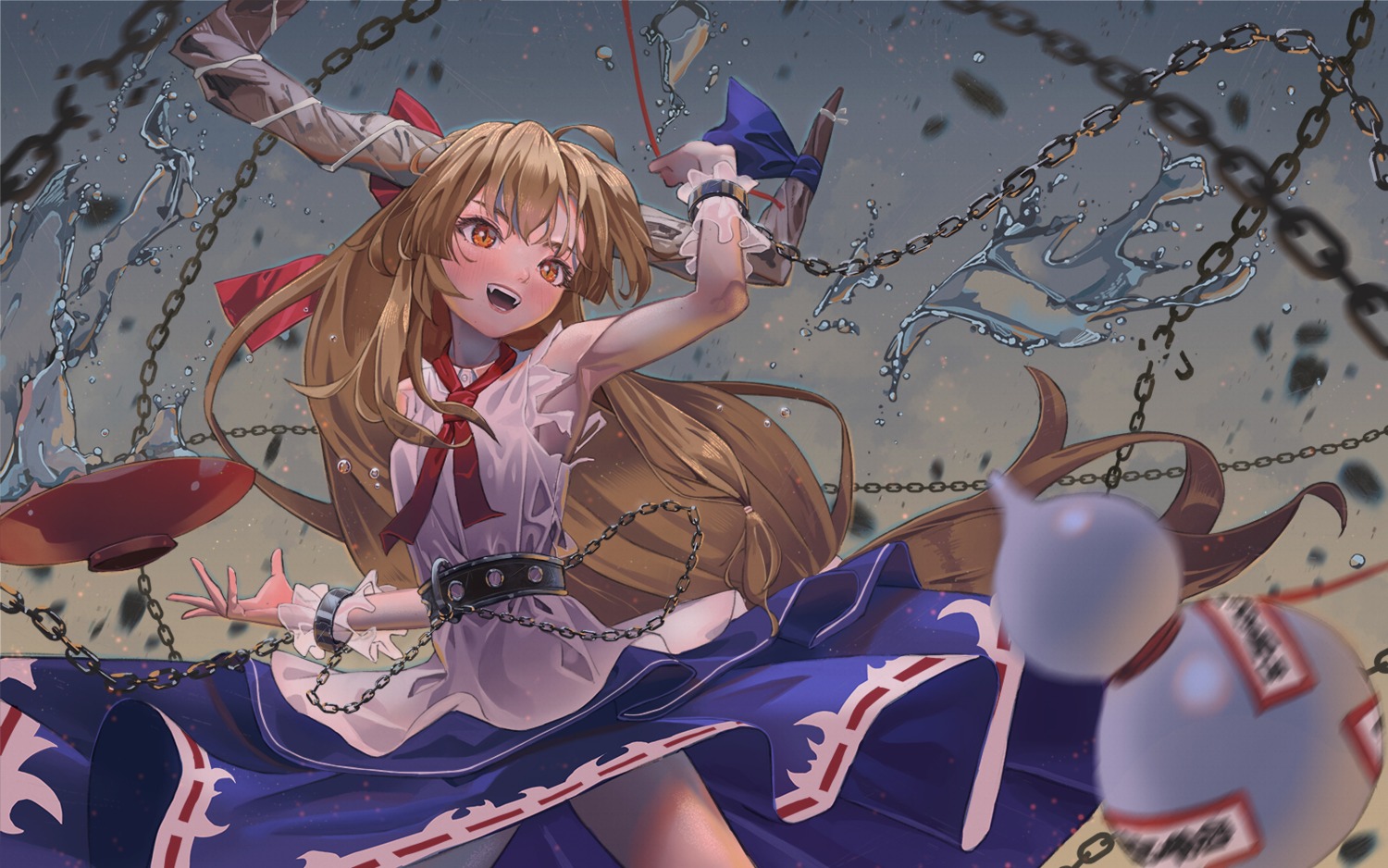 horns, ibuki_suika, maachi_(fsam4547), skirt_lift, torn_clothes, touhou