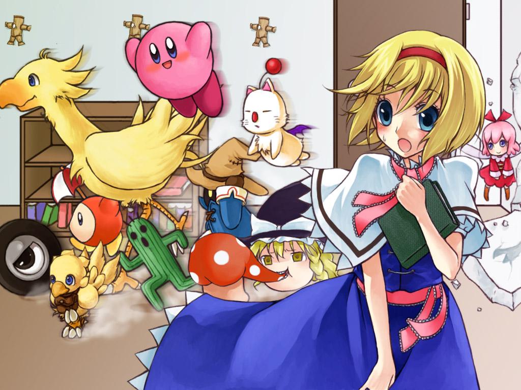 alice_margatroid, cactuar, chocobo, crossover, final_fantasy, final_fantasy_ix, kirby, kirby_(character)