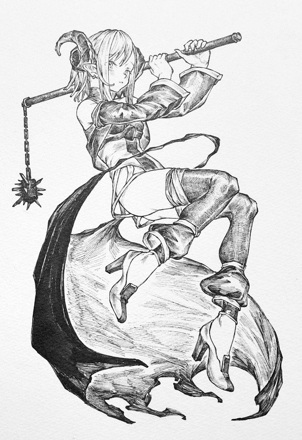 heels, horns, mashimashi, monochrome, pointy_ears, weapon